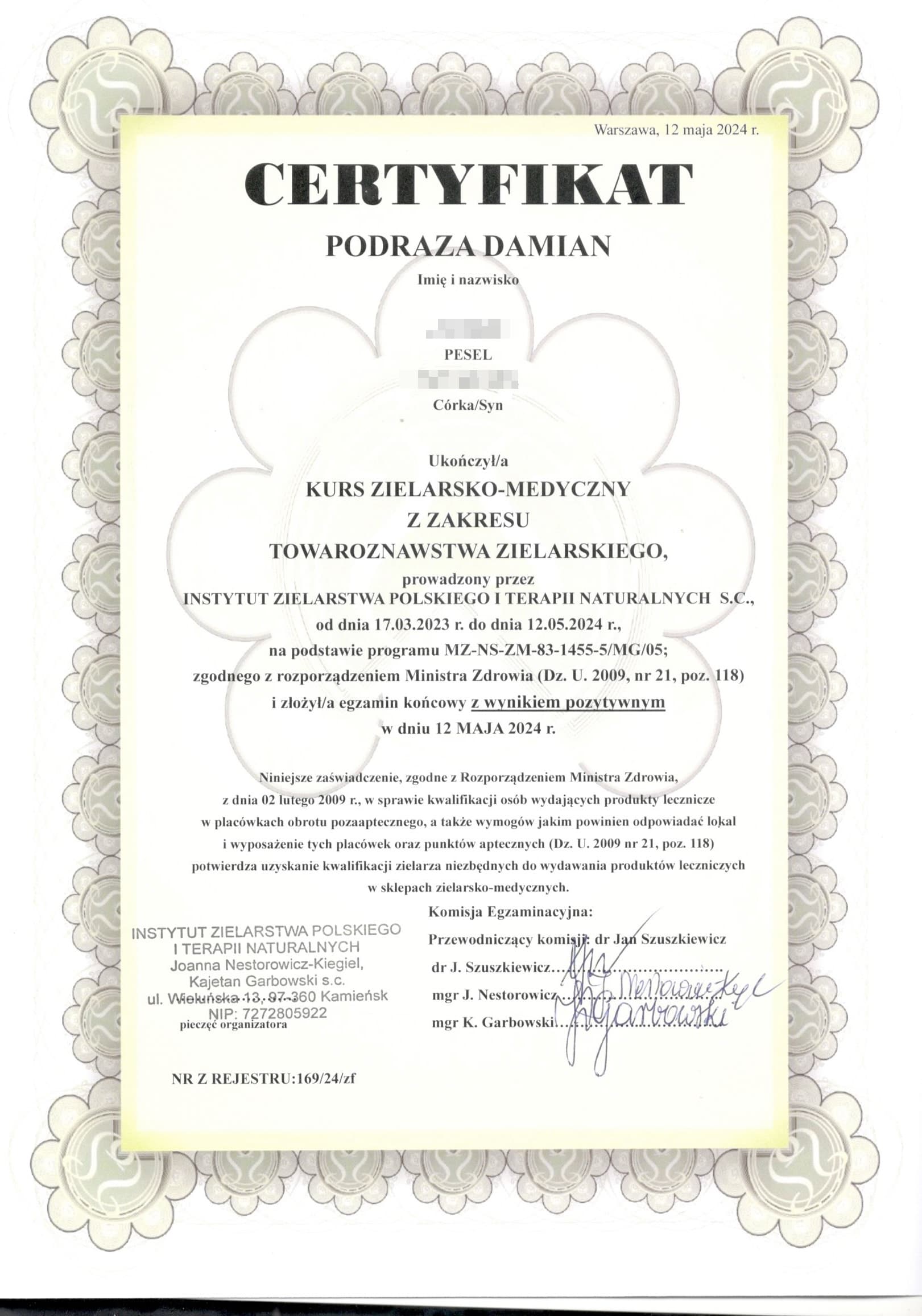 Certyfikat ukończenia kursu zielarsko-medycznego
